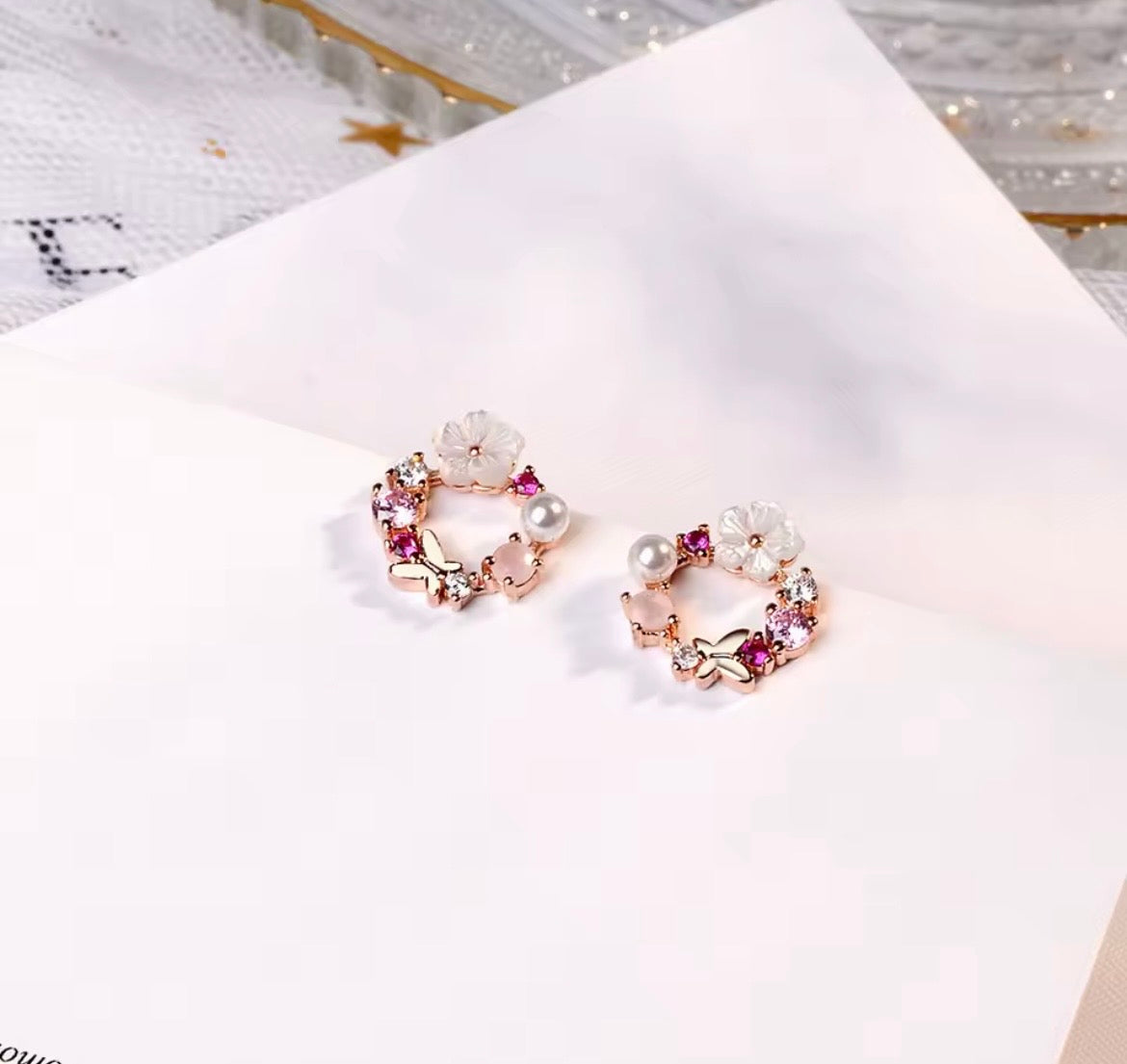 925 Sterling Silver Butterfly & Floral Stud Earrings with Pearl & Crystal Accents