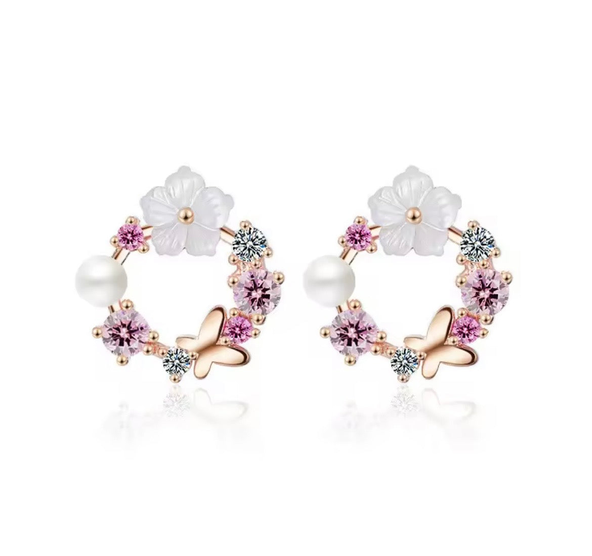 925 Sterling Silver Butterfly & Floral Stud Earrings with Pearl & Crystal Accents