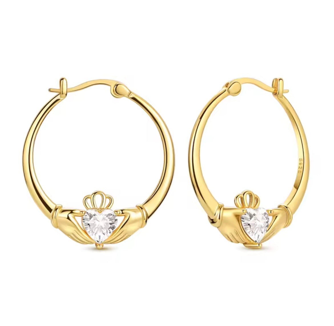 925 Sterling Silver Gold Sparkling Claddagh Heart Hoop Earrings