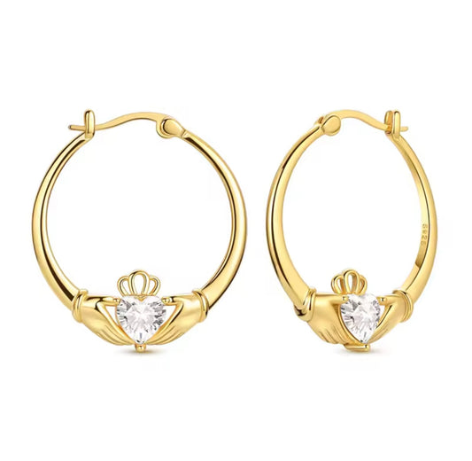 925 Sterling Silver Gold Sparkling Claddagh Heart Hoop Earrings
