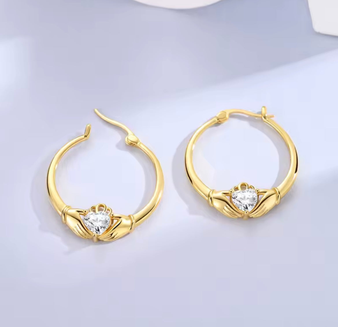 925 Sterling Silver Gold Sparkling Claddagh Heart Hoop Earrings