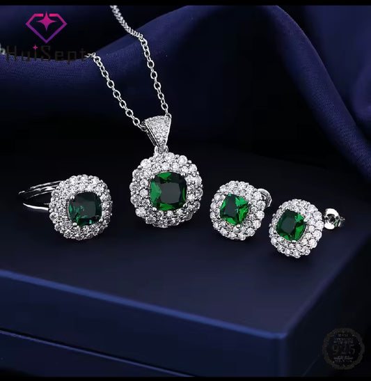 925 Sterling Silver Green Emerald Jewellery Set