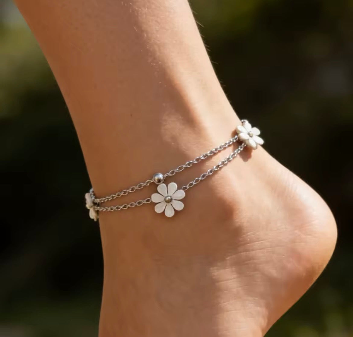 Daisy Flower Beaded layer Stainless Steel Anklet