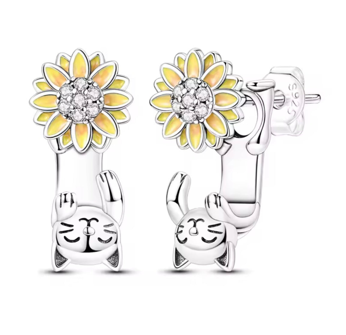 925 Sterling Silver Sparking Cat Sunflower Stud Earring