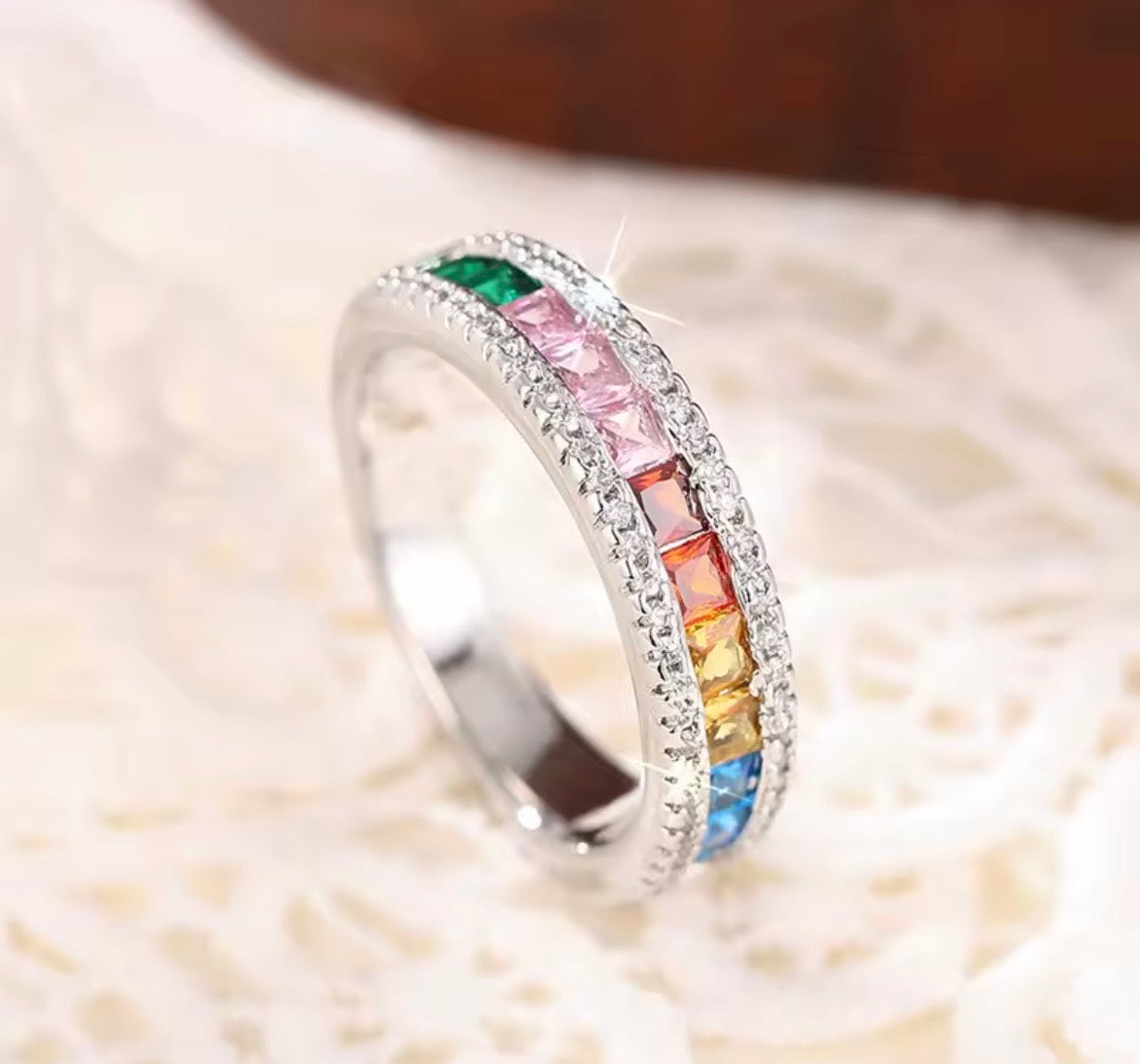 925 Sterling Silver Rainbow CZ Ring