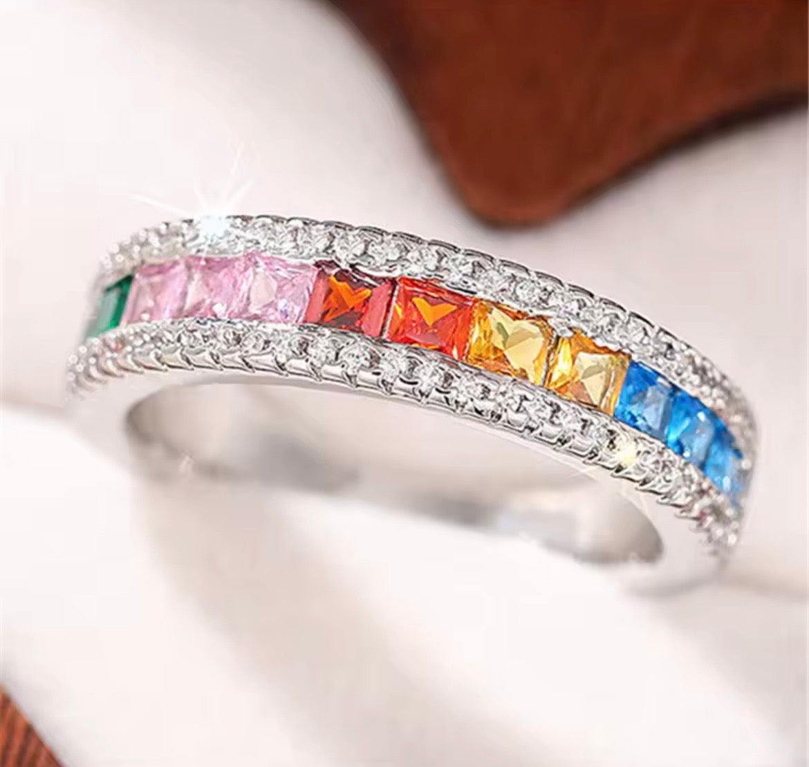 925 Sterling Silver Rainbow CZ Ring