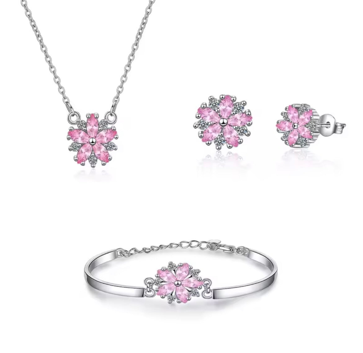 925 Sterling silver Clear & pink cherry blossom jewellery set