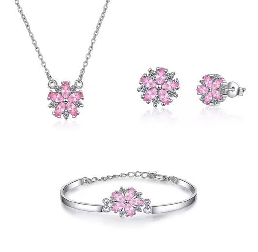 925 Sterling silver Clear & pink cherry blossom jewellery set