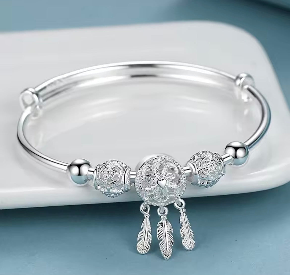 925 Sterling silver Dreamcatcher Tassel Feather bangle