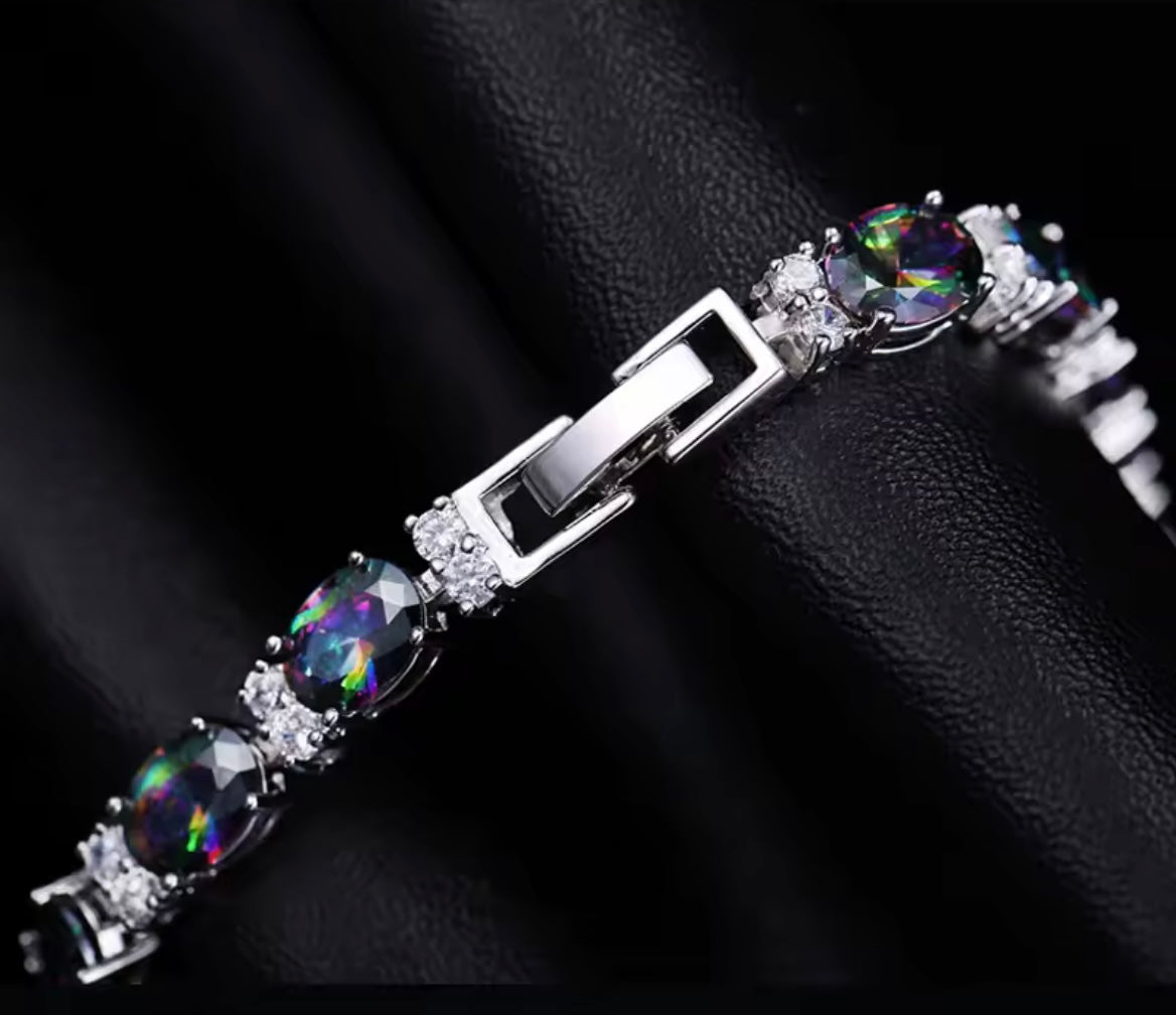 925 Sterling Silver Oval Rainbow Mystic Crystal Bracelet