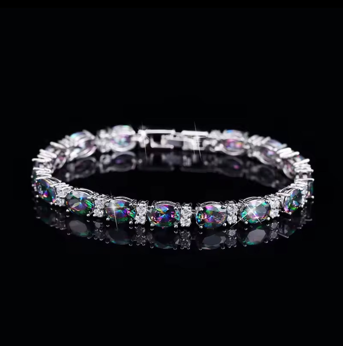 925 Sterling Silver Oval Rainbow Mystic Crystal Bracelet