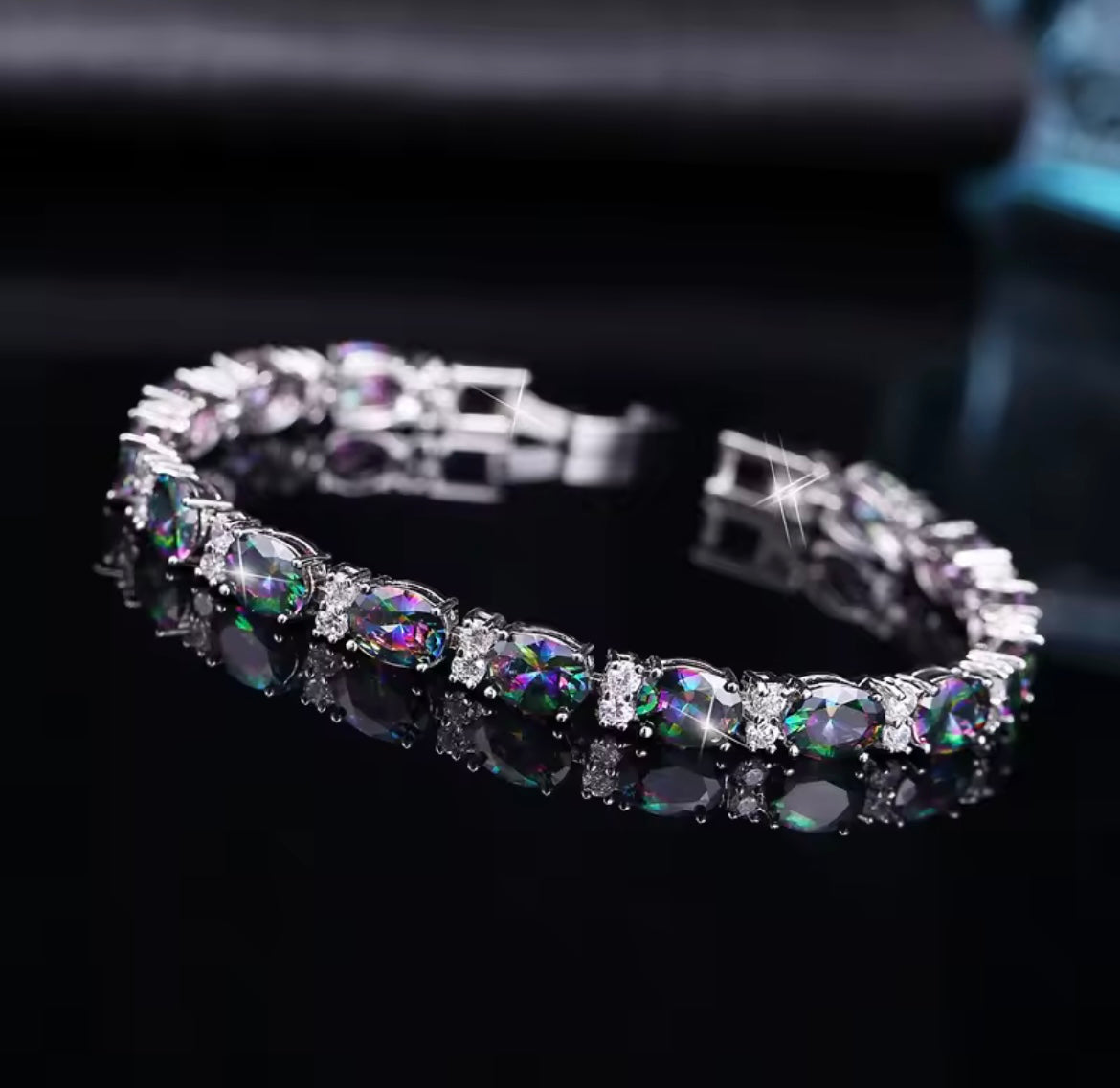 925 Sterling Silver Oval Rainbow Mystic Crystal Bracelet