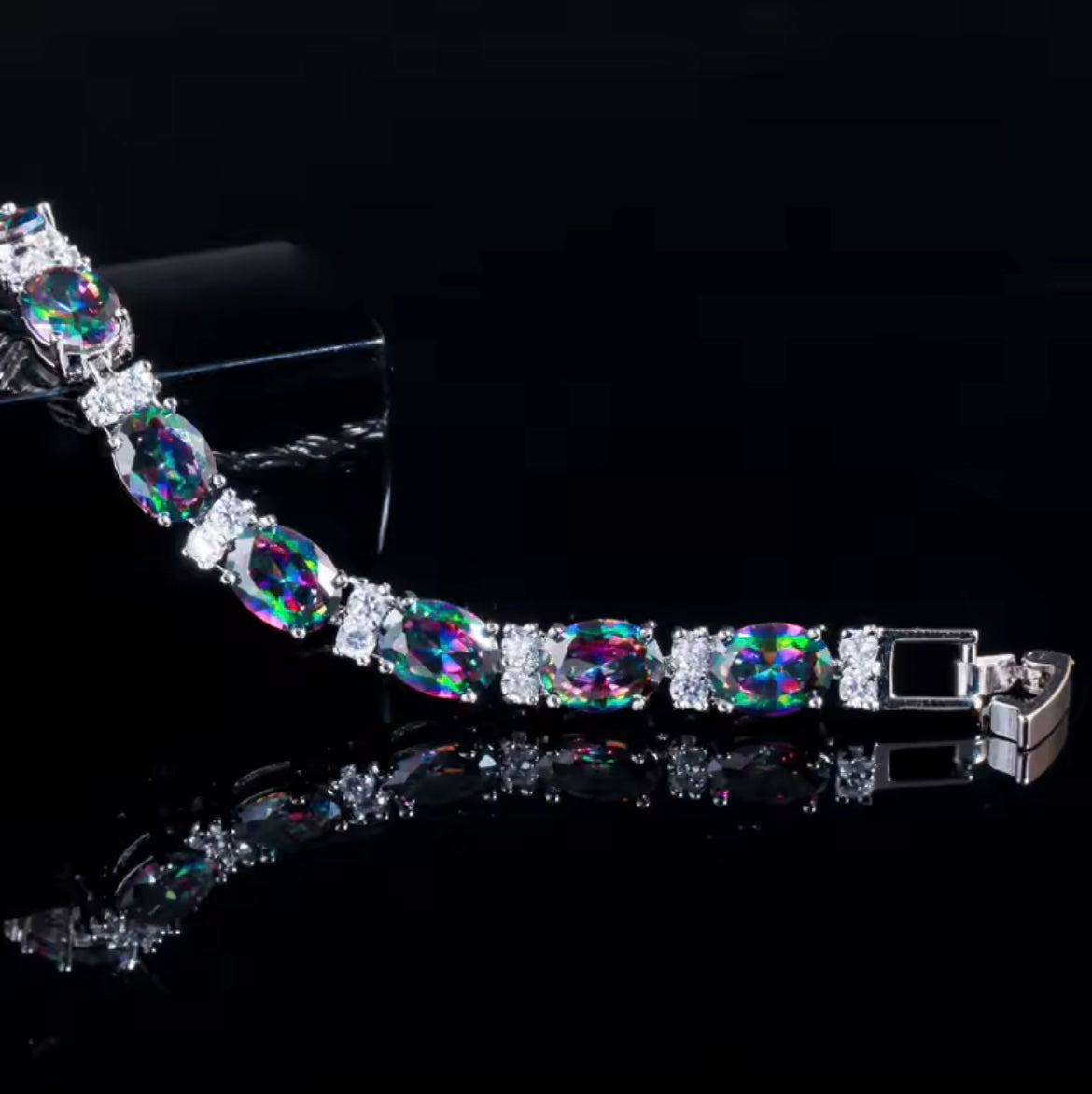 925 Sterling Silver Oval Rainbow Mystic Crystal Bracelet