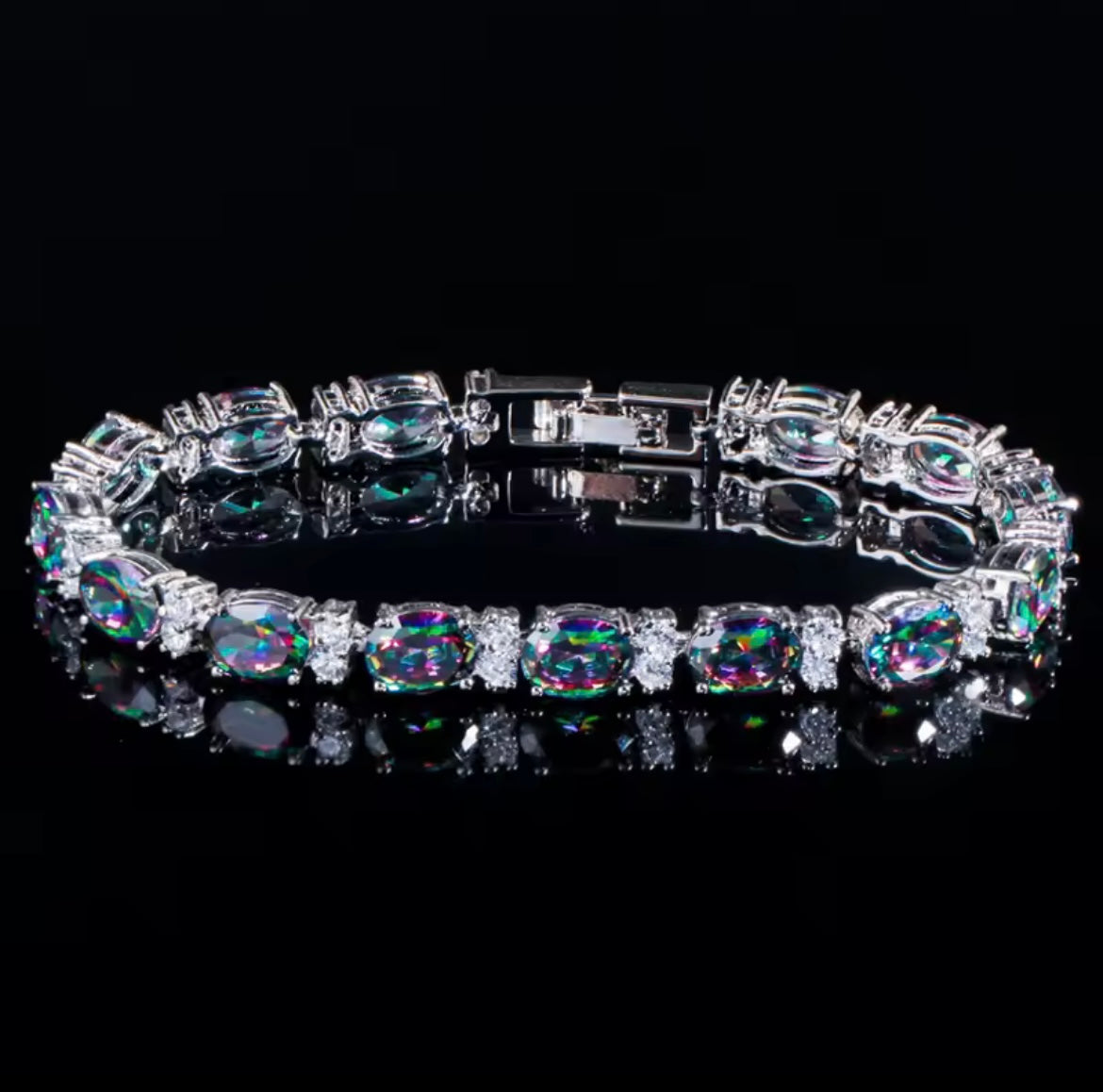 925 Sterling Silver Oval Rainbow Mystic Crystal Bracelet