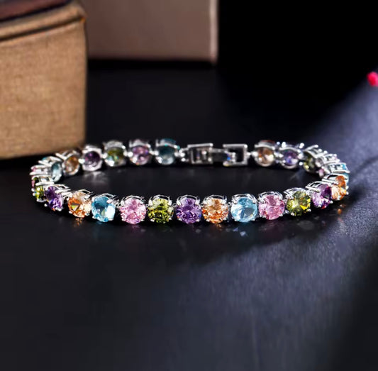 Multicolor Round Cubic Zirconia Pave Silver Tennis bracelet