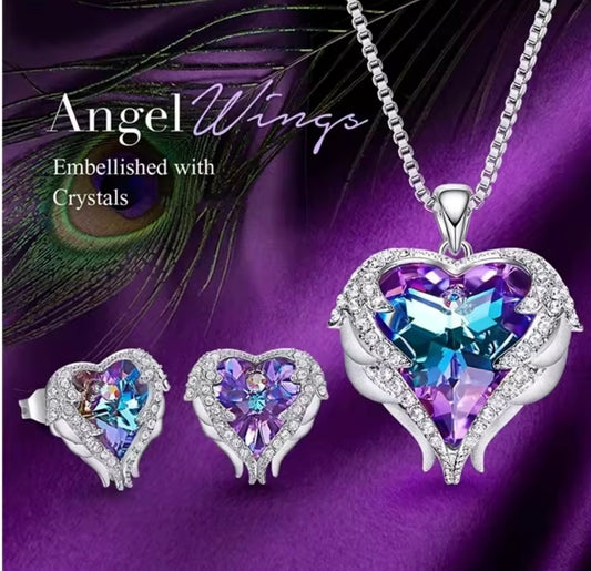 Angel Wing Love Heart Crystal Necklaces and Earrings Set