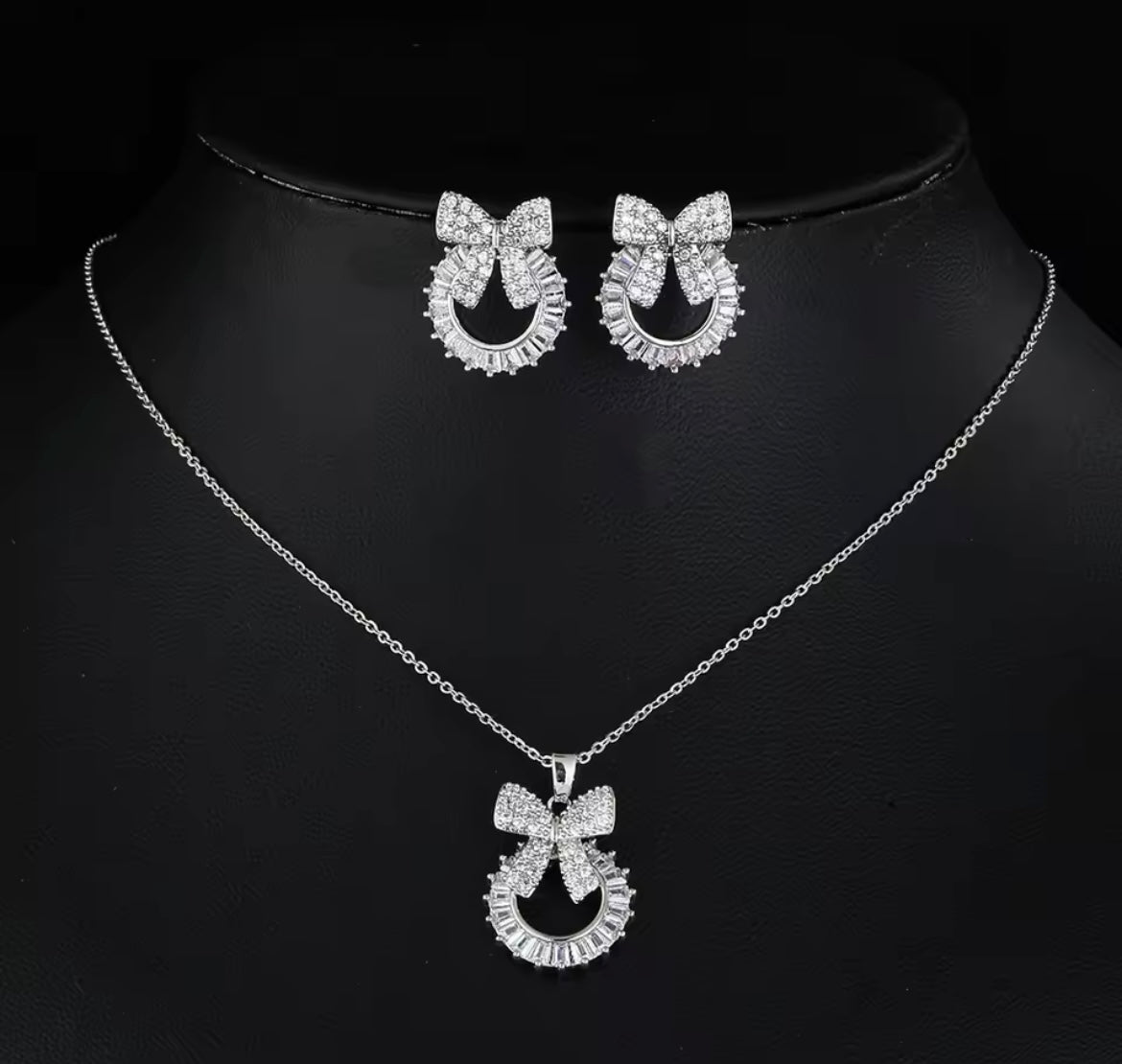 925 Sterling silver Bowknot Necklace earring set