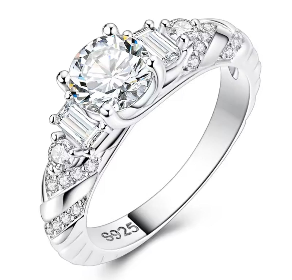 925 Sterling Silver Round Cut Cubic Zirconia Baguette Ring