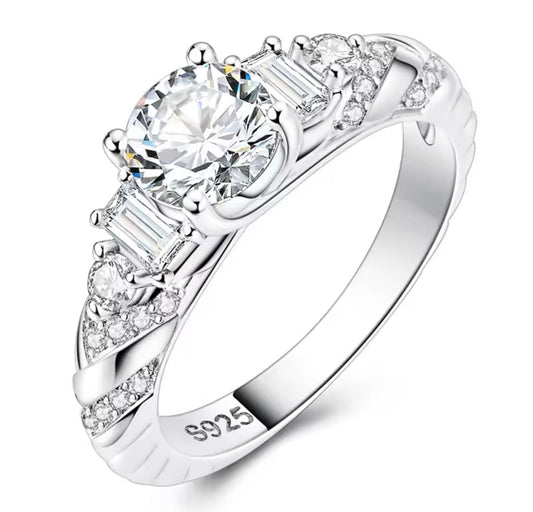 925 Sterling Silver Round Cut Cubic Zirconia Baguette Ring