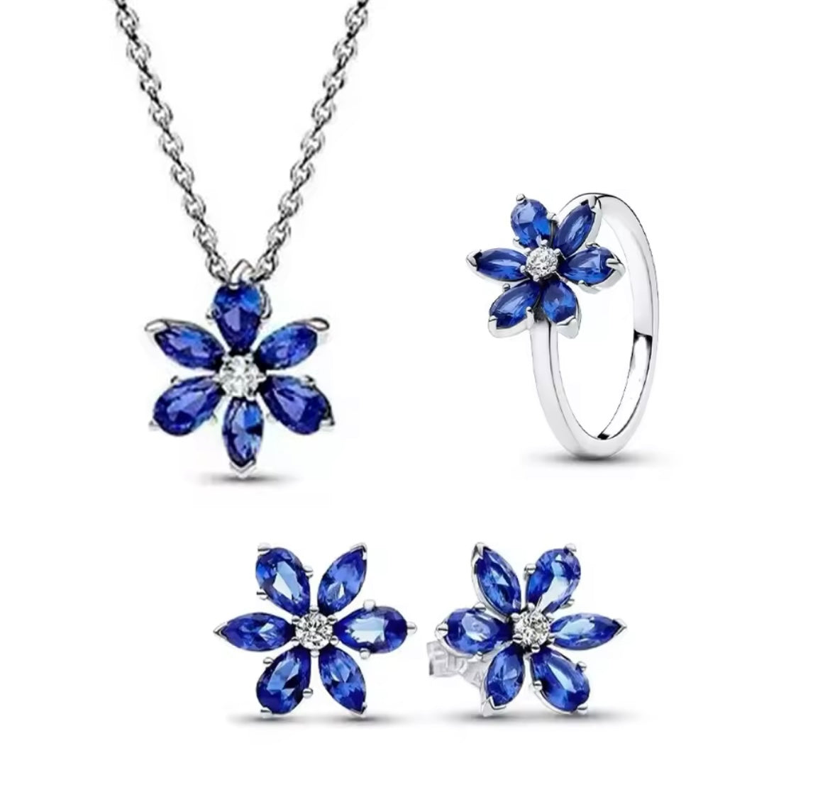 925 Sterling Silver Blue Flower Jewellery Set