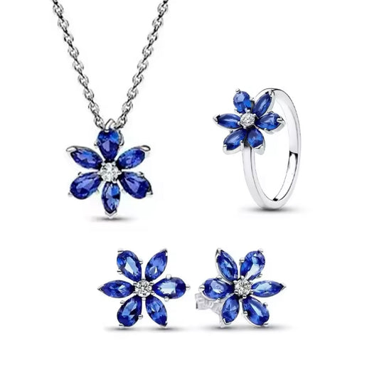 925 Sterling Silver Blue Flower Jewellery Set