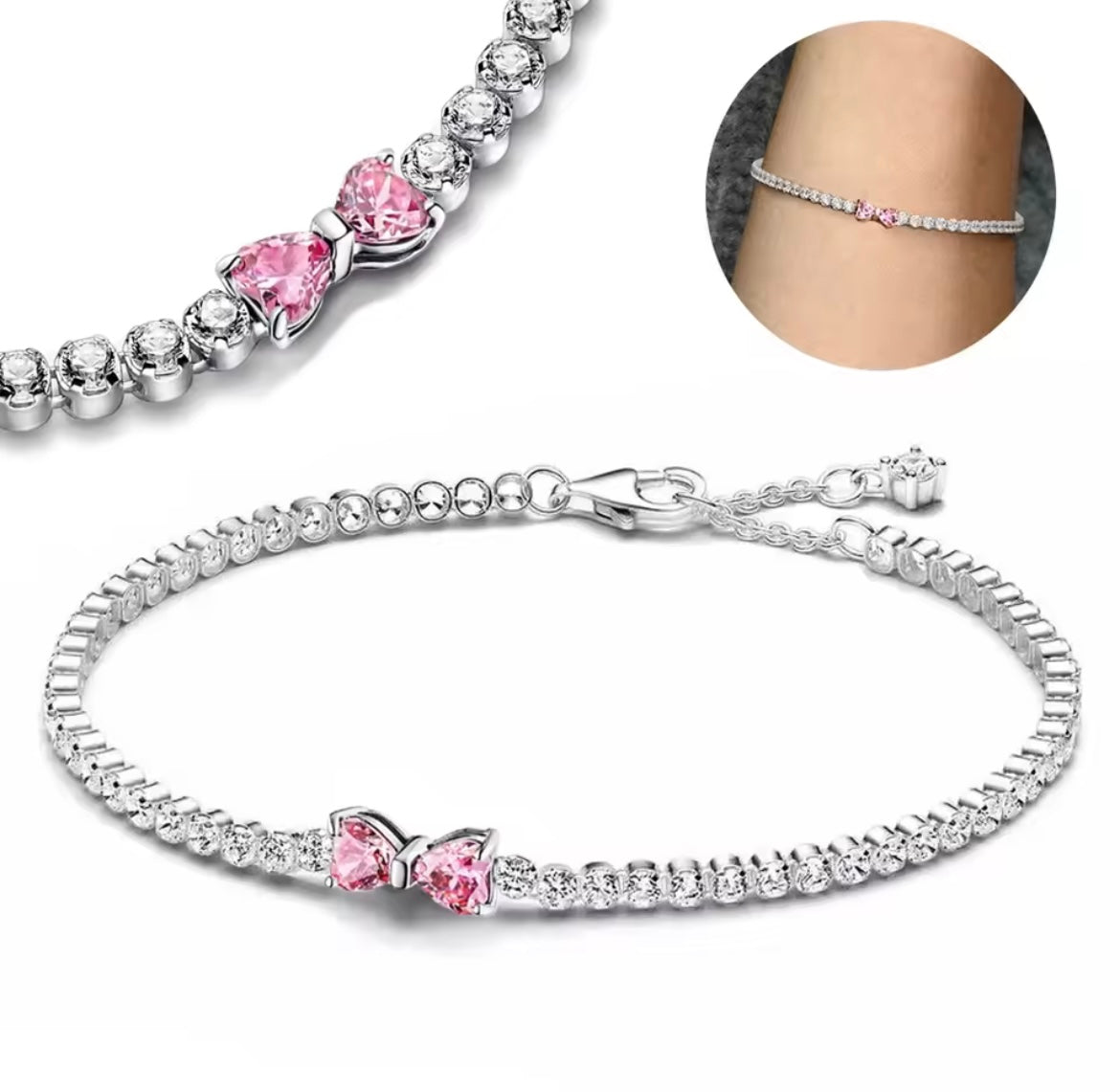 925 Sterling silver pink bow bracelet
