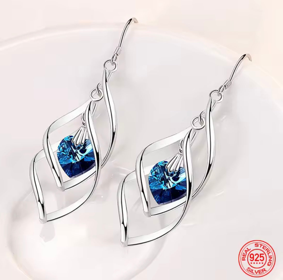 925 Sterling silver blue heart Long Dangle Earrings