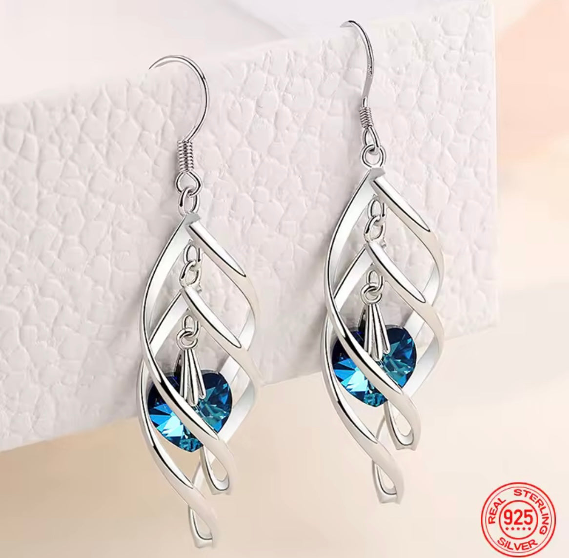 925 Sterling silver blue heart Long Dangle Earrings