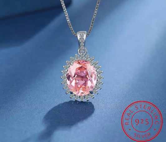 Pink Sapphire 925 Sterling Silver Halo Pendant Necklace