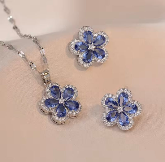 925 Sterling silver blue crystal flower set