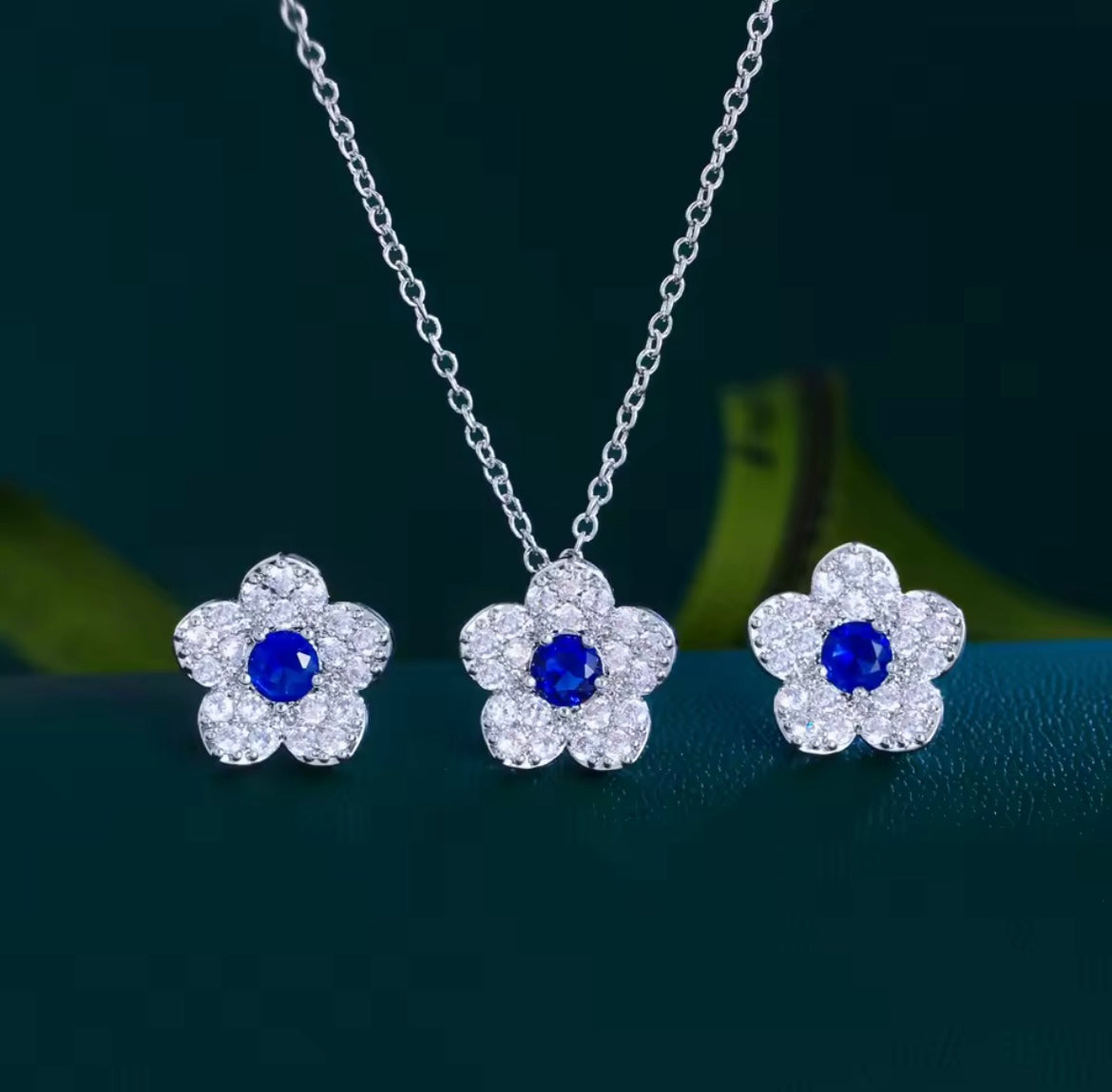 925 Sterling silver crystal flower set