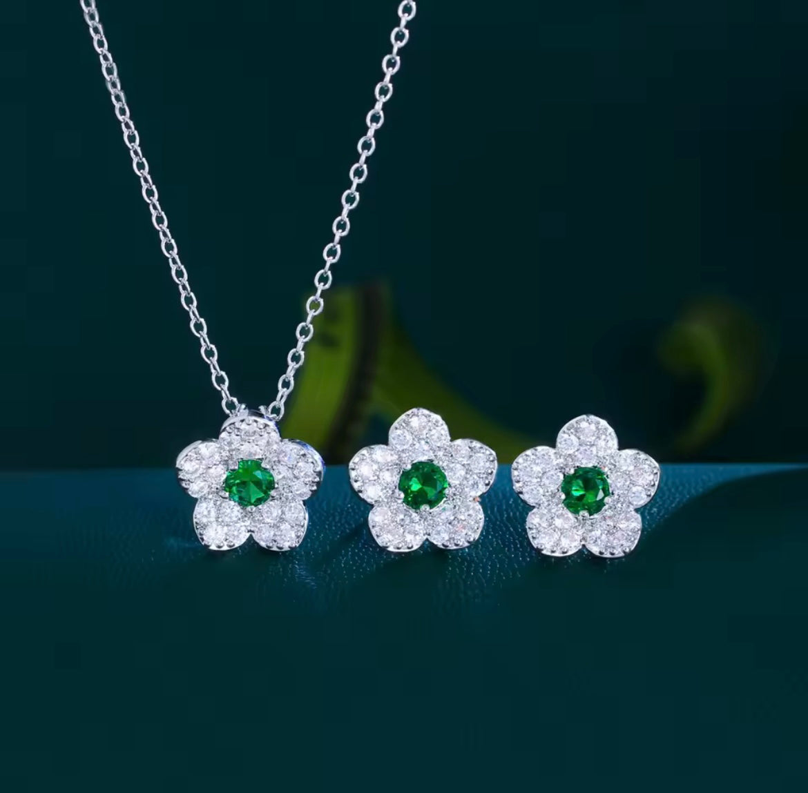 925 Sterling silver crystal flower set