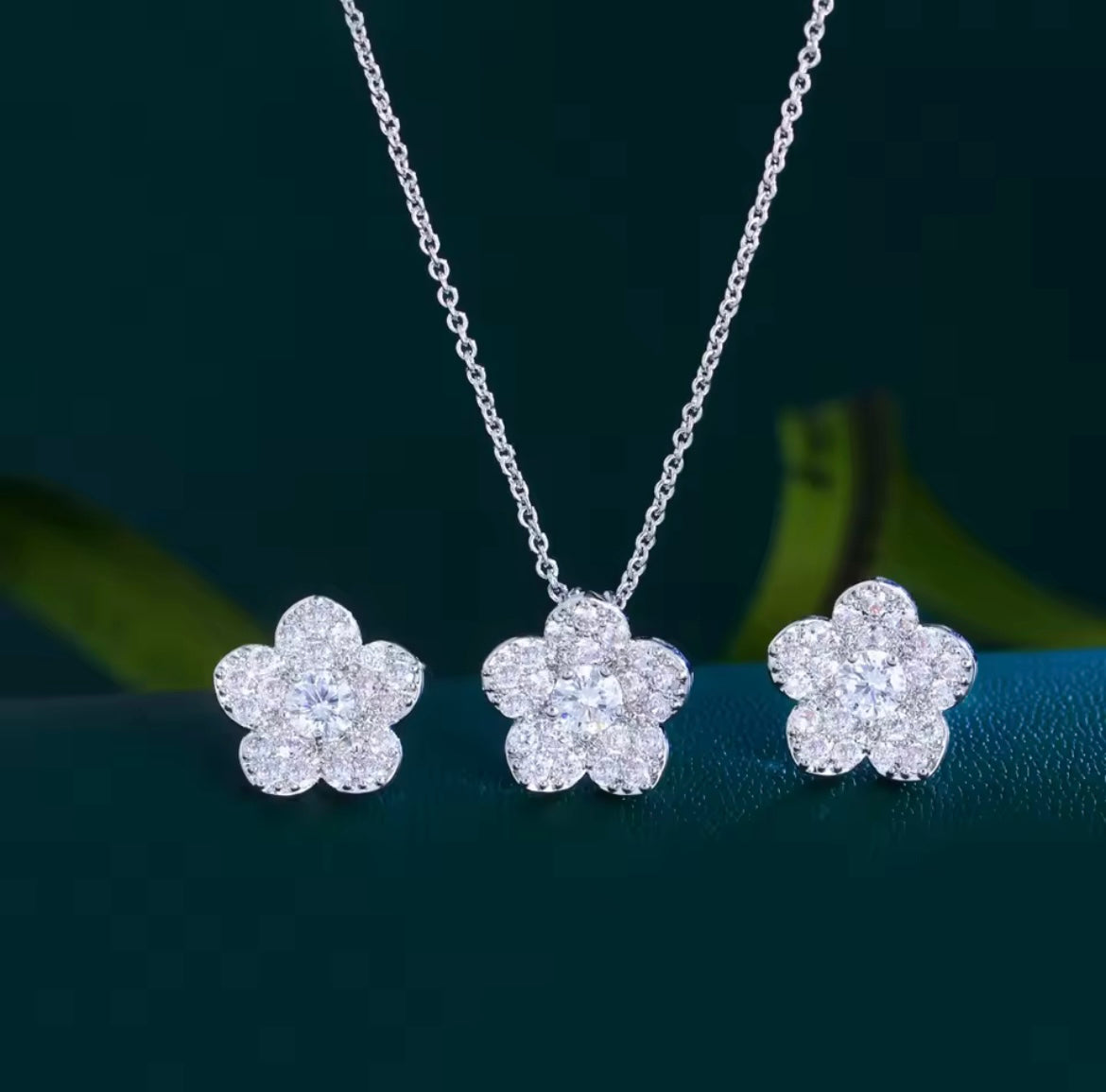 925 Sterling silver crystal flower set