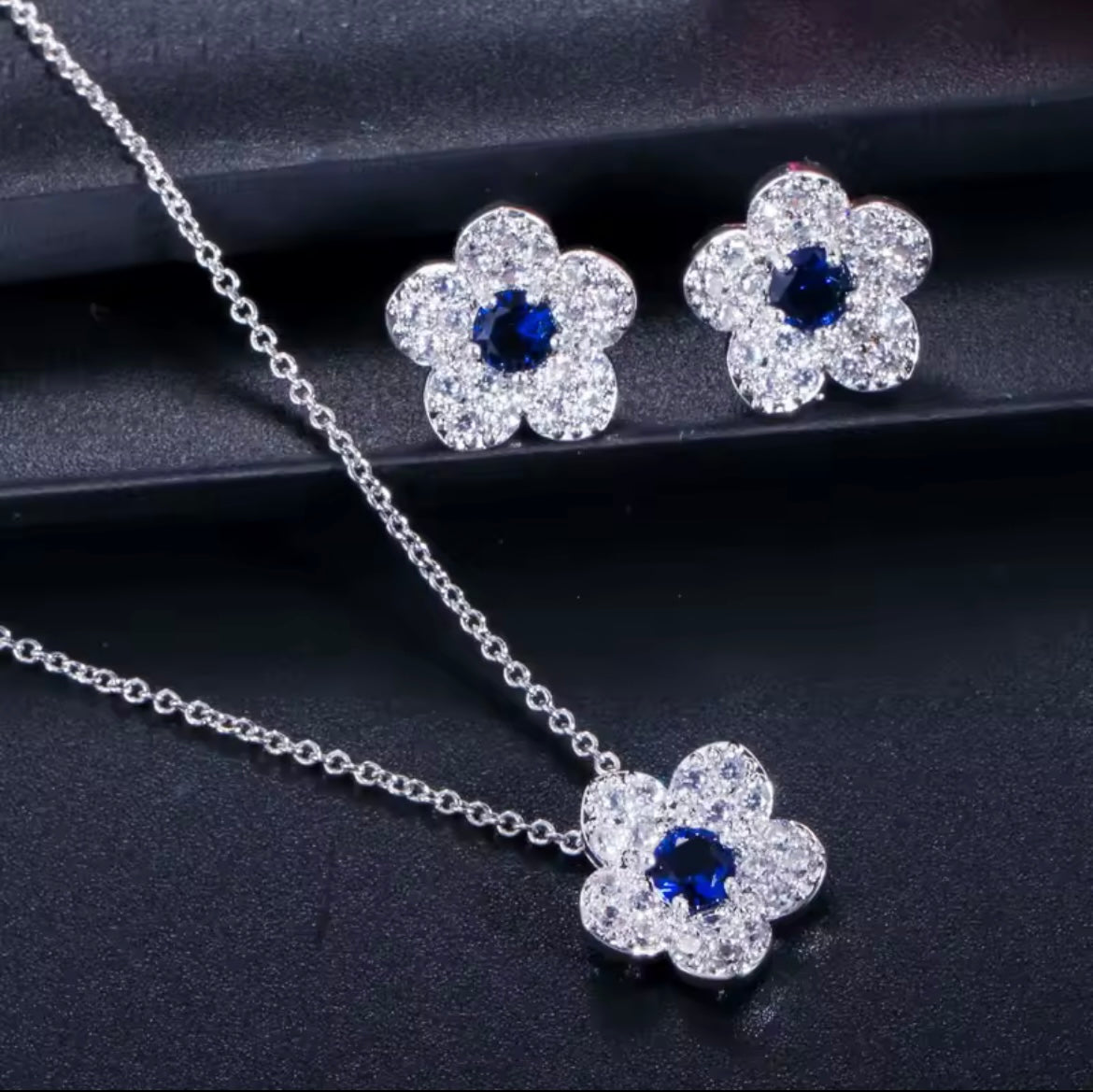 925 Sterling silver crystal flower set