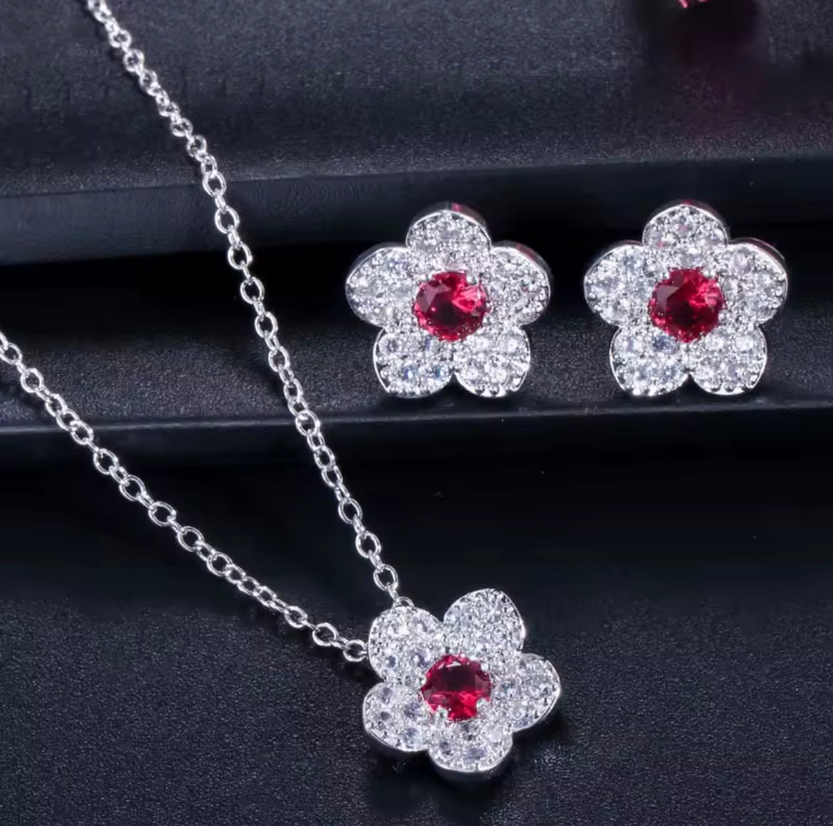 925 Sterling silver crystal flower set