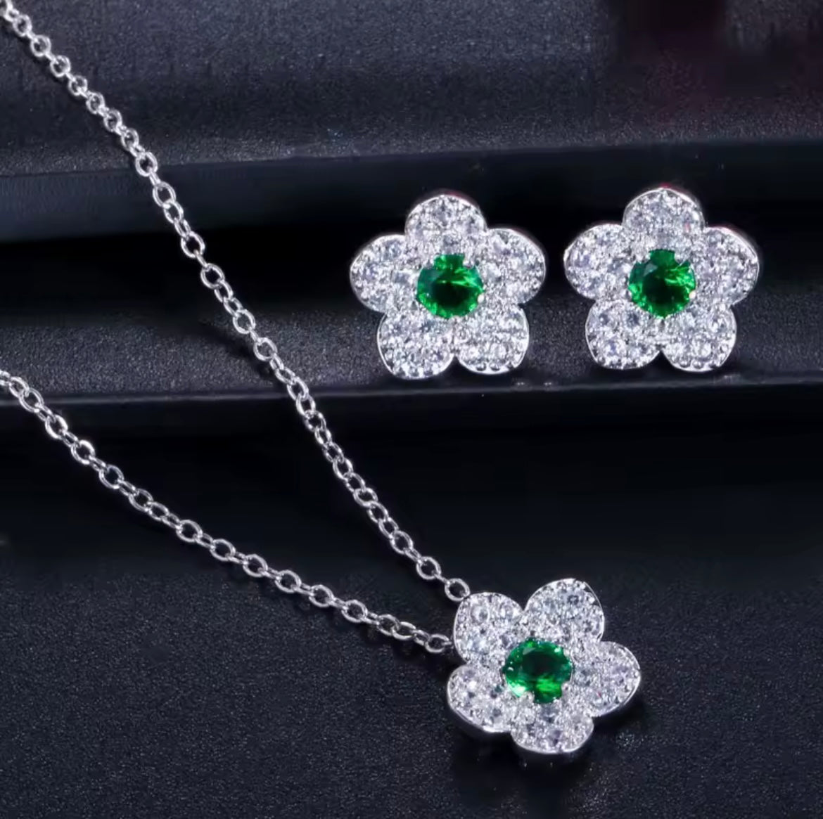 925 Sterling silver crystal flower set