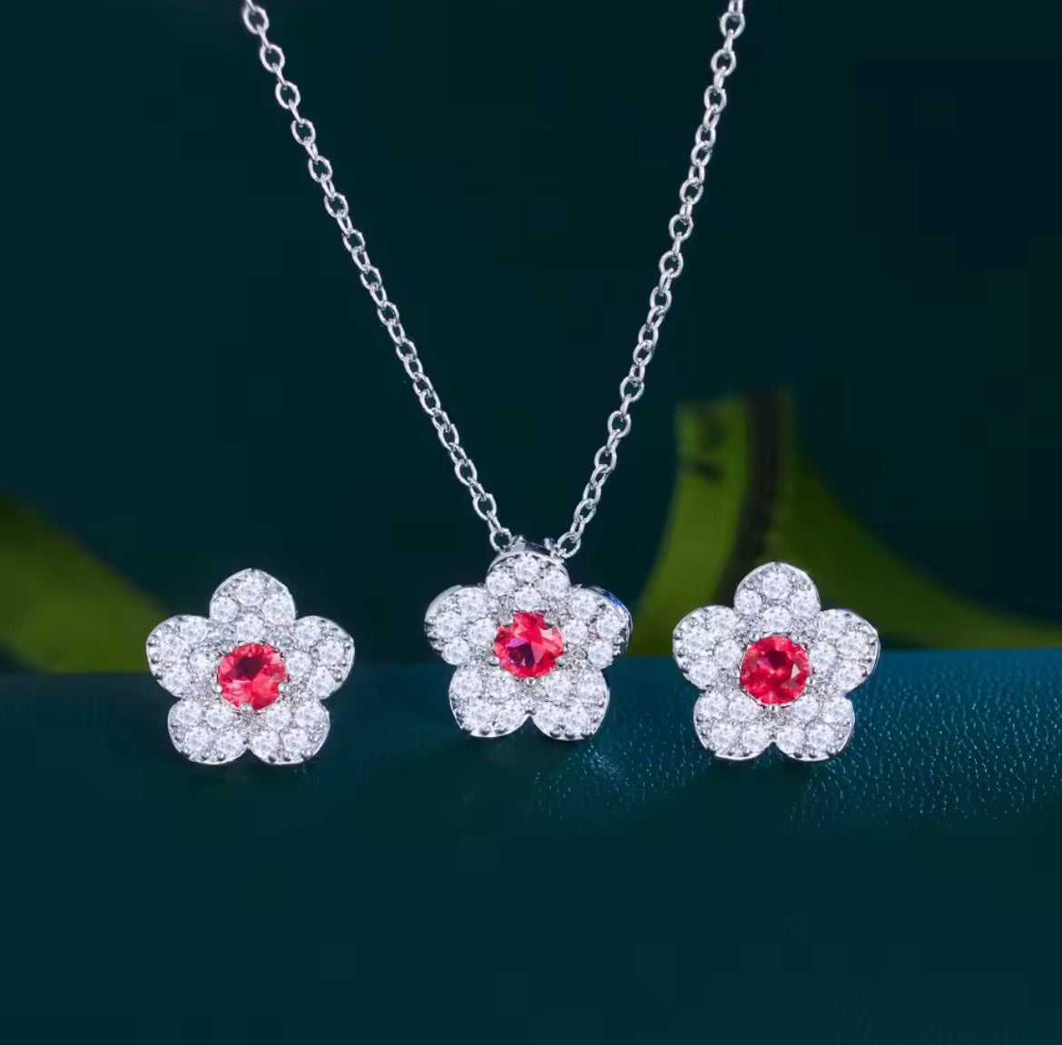 925 Sterling silver crystal flower set