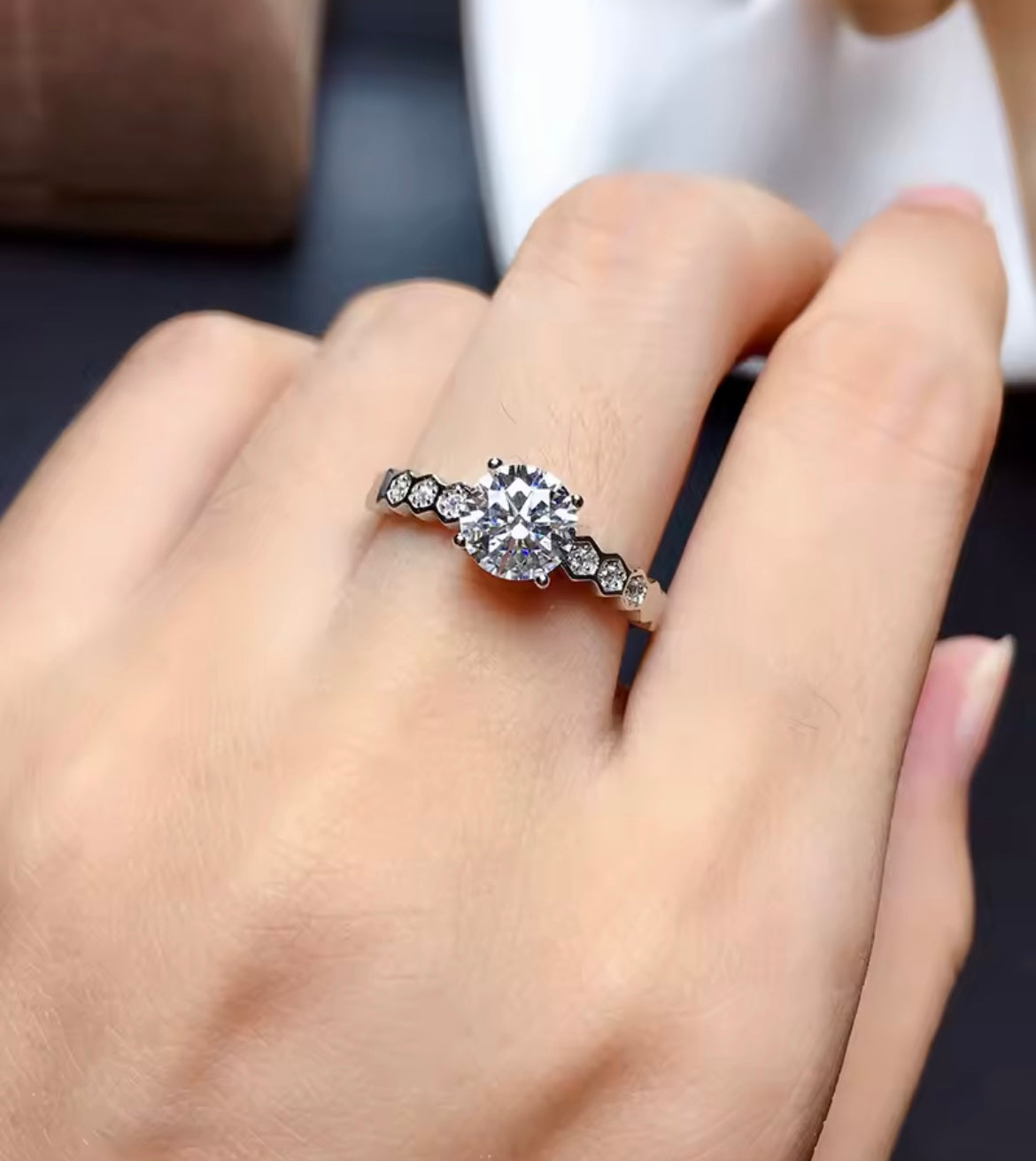 925 Sterling Silver Honeycomb Moissanite Ring