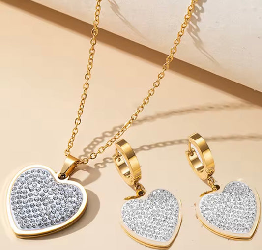 Stainless Steel 14K Gold-Plated Heart Crystal Necklace & Earring Set