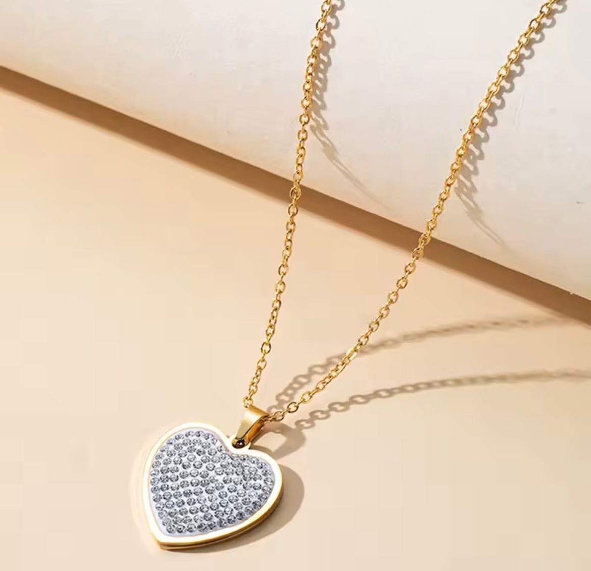 Stainless Steel 14K Gold-Plated Heart Crystal Necklace & Earring Set