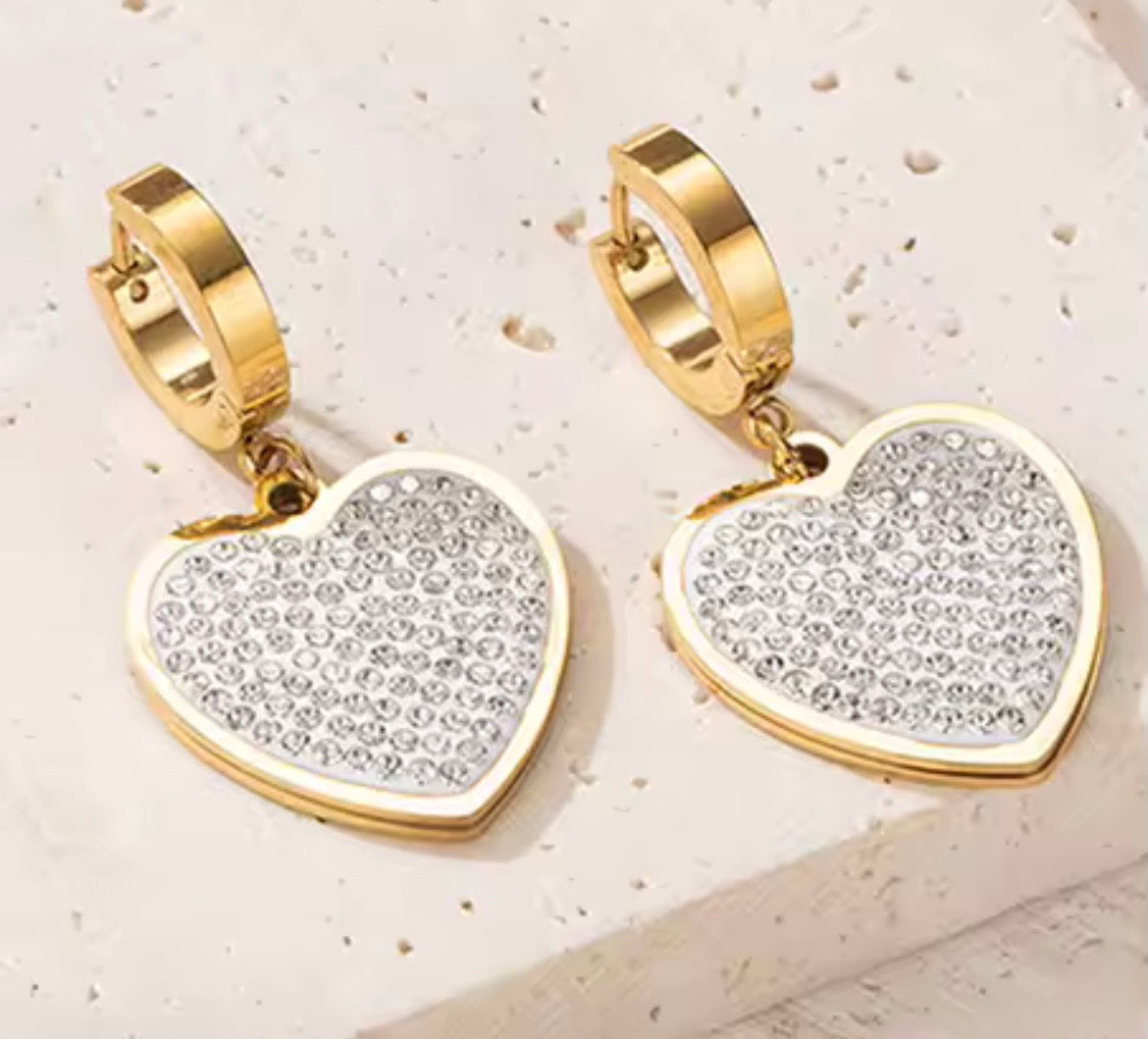 Stainless Steel 14K Gold-Plated Heart Crystal Necklace & Earring Set