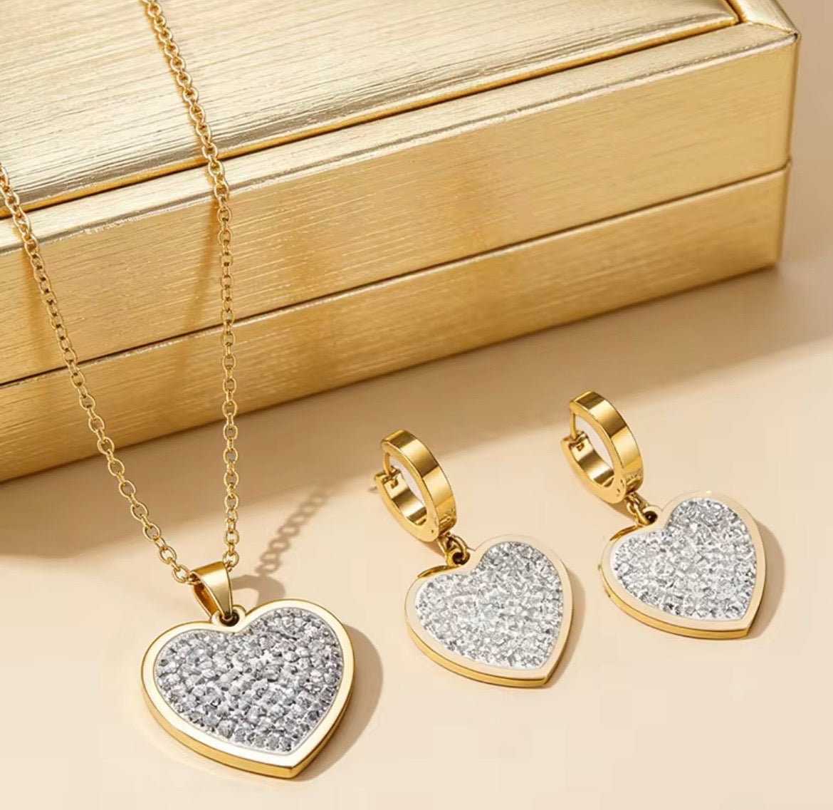 Stainless Steel 14K Gold-Plated Heart Crystal Necklace & Earring Set