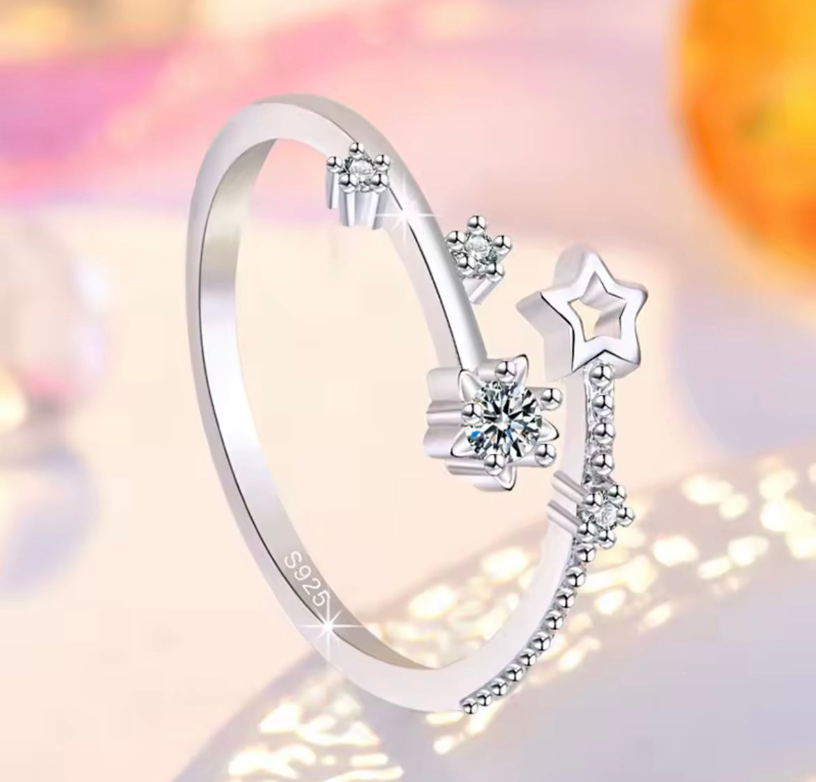 925 Sterling Silver Star Crystal Adjustable  Ring