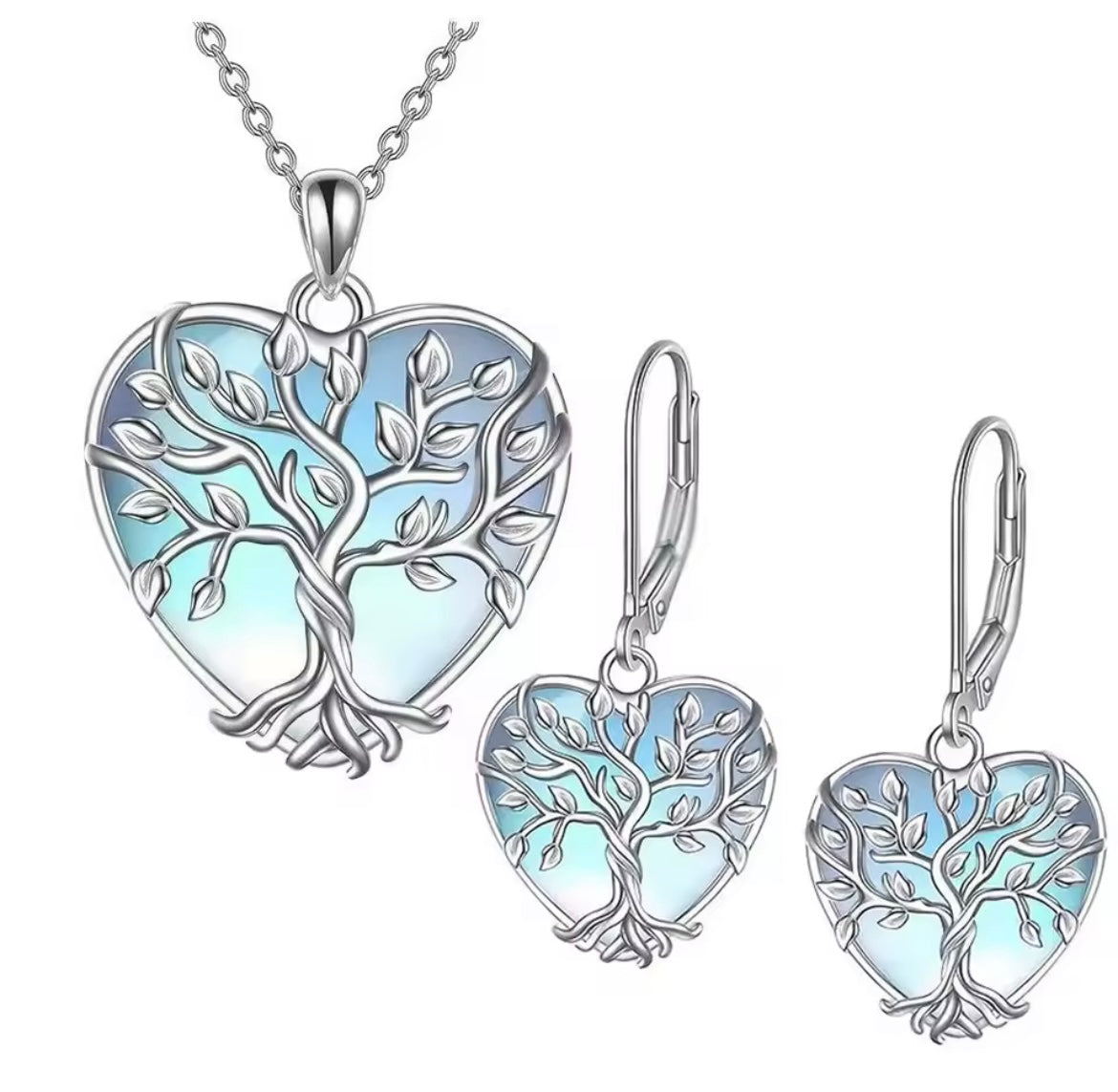 925 Sterling silver moonstone heart tree of life set