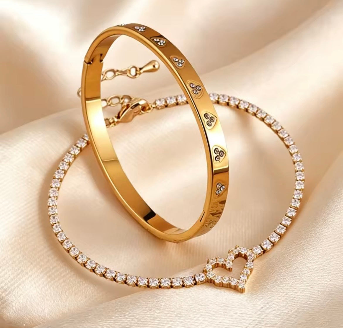 Stainless Steel Sparkling Zircon Tennis Bracelet & Bangle Set