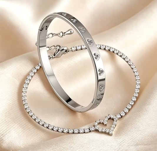 Stainless Steel Sparkling Zircon Tennis Bracelet & Bangle Set