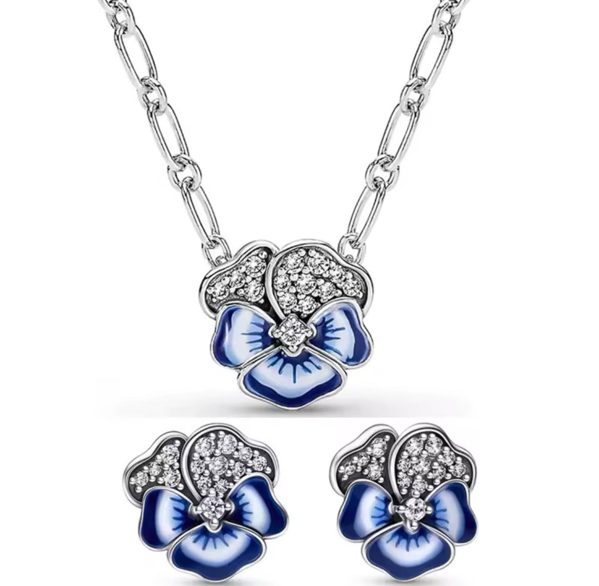 925 Sterling silver Blue Enamel Pansy Flower set