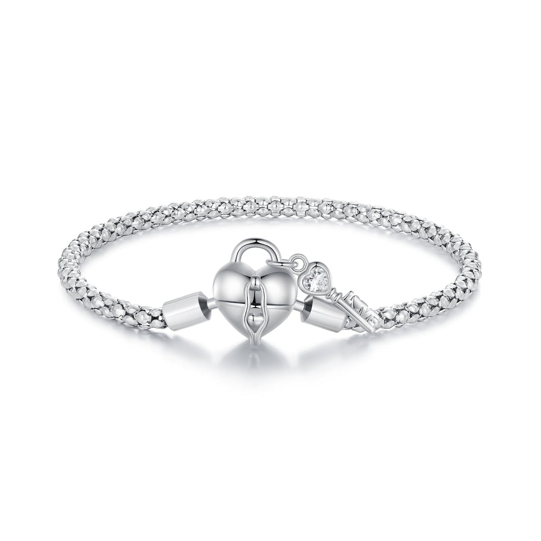 925 Sterling Silver Heart Lock & Key Charm Bracelet
