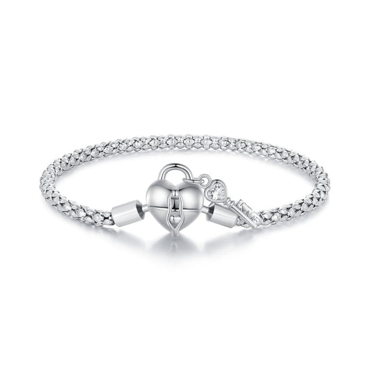 925 Sterling Silver Heart Lock & Key Charm Bracelet