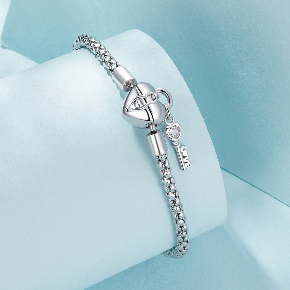 925 Sterling Silver Heart Lock & Key Charm Bracelet